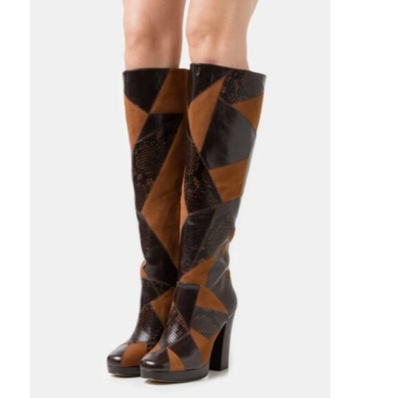 Michael Kora Hanya Patchwork Leather and Suede Boot Size 9 Brown - Picture 1 of 12